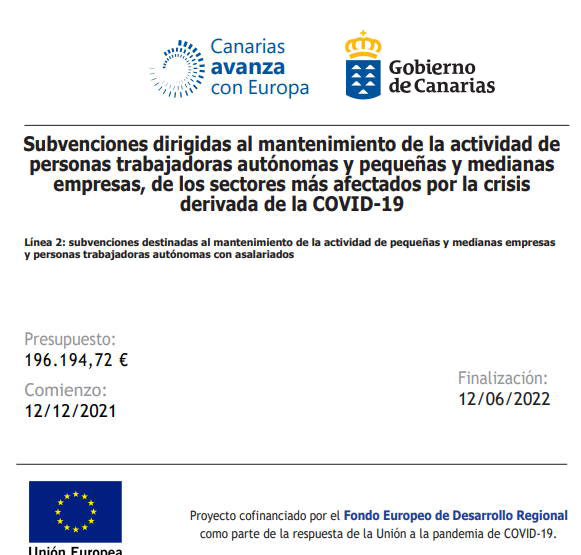 Cartel de subvención del gobierno de Canarias, por una ayuda con valor de 196.195,72€
